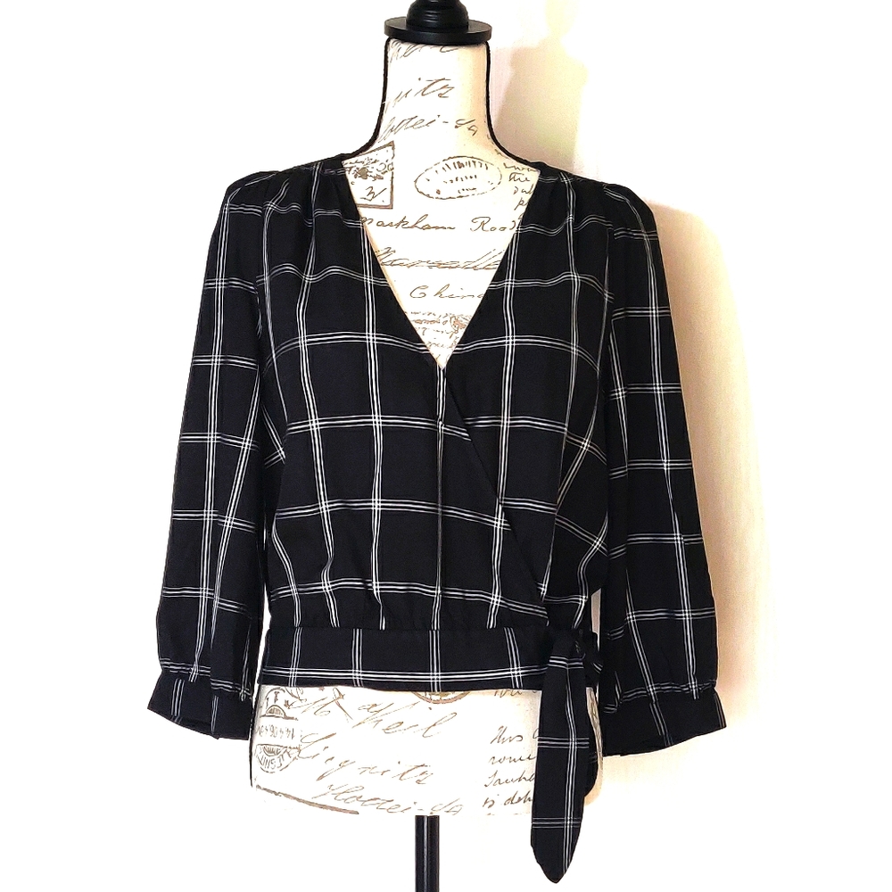 Madewell black and white wrap blouse.